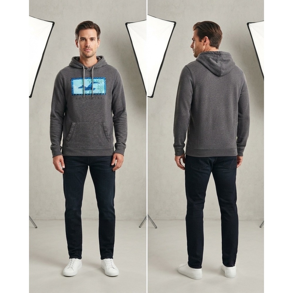 Hollister Mens‎ Gray Tropical Graphic Pullover Hoodie Large Seagull Palm Tree